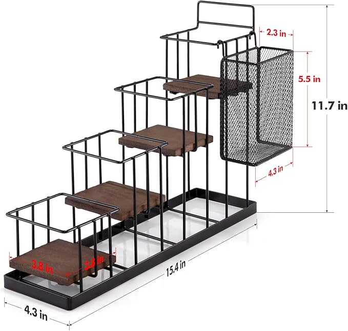 Coffee Syrup Rack Organizer, with Rustic Wood Holder Coffee Station Bar Accessory for Syrup, Wine, Dressing Bottle Countertop Display Storage Stand for Kitchen with Basket and Hooks Holds 4 Bottles