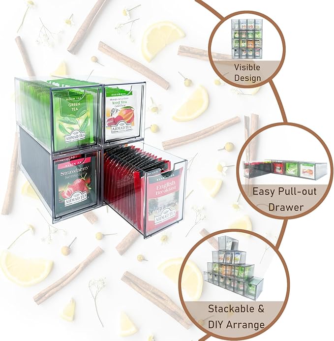 4-Pack Tea Bag Drawers Organizer - 4 Clear Plastic Drawer Tea Bag Holder; Stackable & Portable; Wider Size; Well-Organized Storage for Tea Bags & Kitchen Essentials