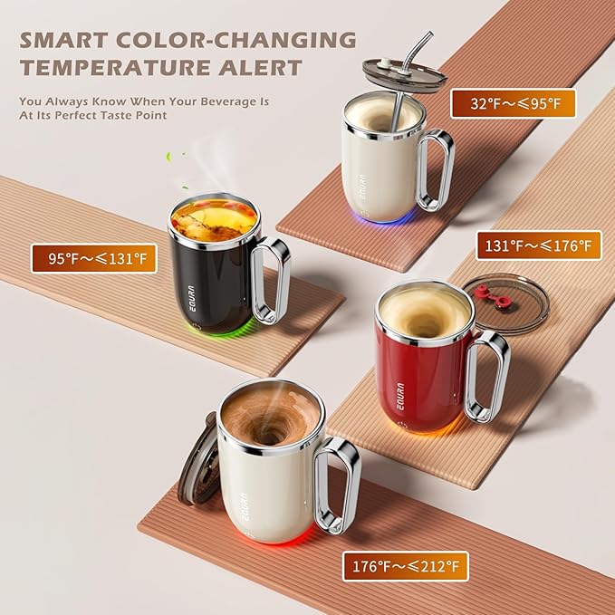 Self Stirring Mug - 4-Color Temp Display Magnetic Electric Auto Mixing Stainless Steel Cup with Straw & Lid For Office/Kitchen/Home/Coffee/Milk- 14.2oz/420ml(Black)