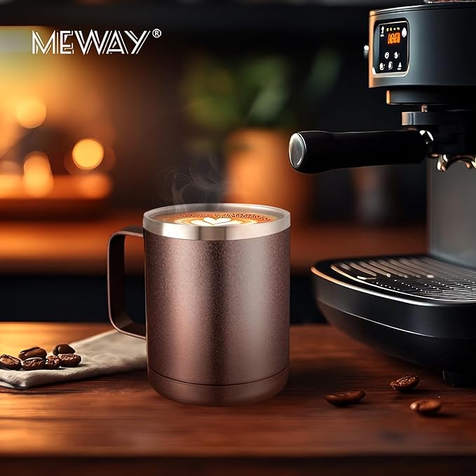 MEWAY 12oz Coffee Mug With Handle 2 Pack Bulk,Stainless Steel Insulated Travel Tumblers With Sliding Lid,Double Wall Vacuum Camping Cup for Hot & Cold Drinks Tea (Rose Gold,Set of 2)