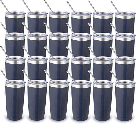Volhoply 20oz Stainless Steel Tumbler with Lid and Straw Bulk 24 Pack,Double Wall Insulated Travel Iced Coffee Mug Fits Cup Holder,Powder Coated Cups for Hot/Cold Drinks,Christmas Gifts（Navy,24 Set）