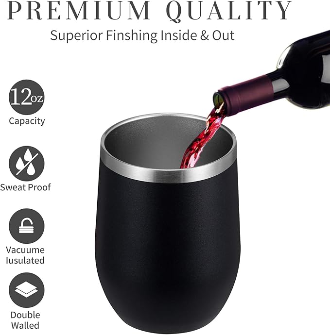 MEWAY 12oz Wine Tumbler Mix Color 12 Pack Bulk Gifts for Women, Vacuum Stainless Steel Travel Mug with Lid,Insulated Stemless Wine Cup Glass for Coffee,Cocktails,Drinks(Mix,Set of 12)
