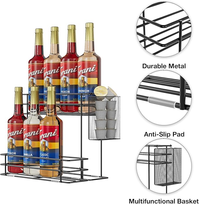 OVICAR Coffee Syrup Organizer Rack - 8 Bottle Holder Stand for Coffee Bar & Station Accessories with Straw & Pod Basket, 2 Tiers Black