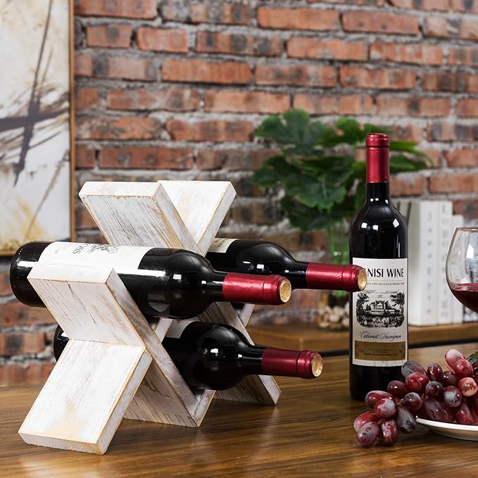 MyGift 4-Bottle Whitewashed Rustic Wood Wine Rack - Farmhouse X-Design Countertop Storage, Compact for Kitchen, Bar, Coffee Station (Holds 750ml Bottles, Easy Clean)