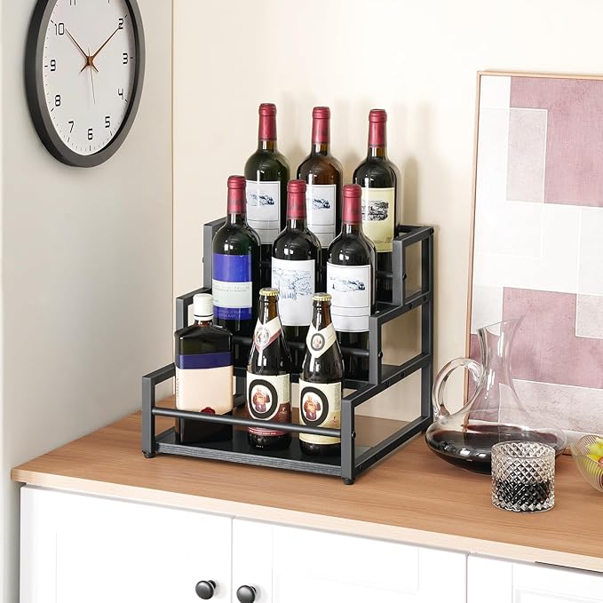 HOOBRO Coffee Syrup Rack Organizer, 3-Tier 12-Bottle Syrup Holder Stand for Coffee Bar, Wine Rack Countertop Storage Rack for Syrup, Wine, for Kitchen Coffee Station, Black BB38JJ01