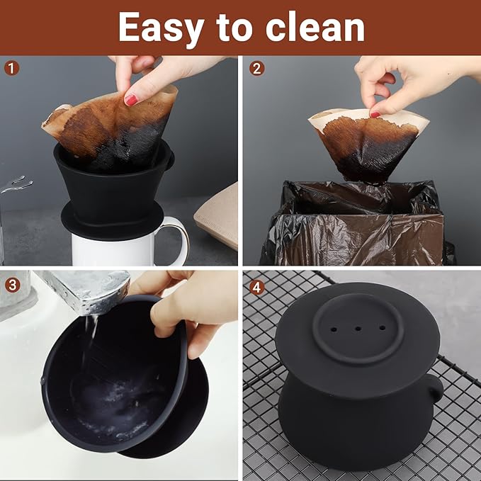 Segarty Pour Over Coffee Maker Set, Black Silicone Dripper Single Cup With 200 Count Cone Filters Paper Size 2, Portable Travel Hand Drip Brewer Kit for Camping