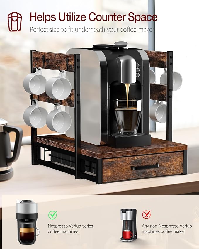 Evermagin Coffee Pod Holder, Vertuo Pod Holder Compatible with Nespresso, 28 Large or 56 Small Nespresso Capsule Organizer Drawer Station with Cup Rack, Rustic Brown
