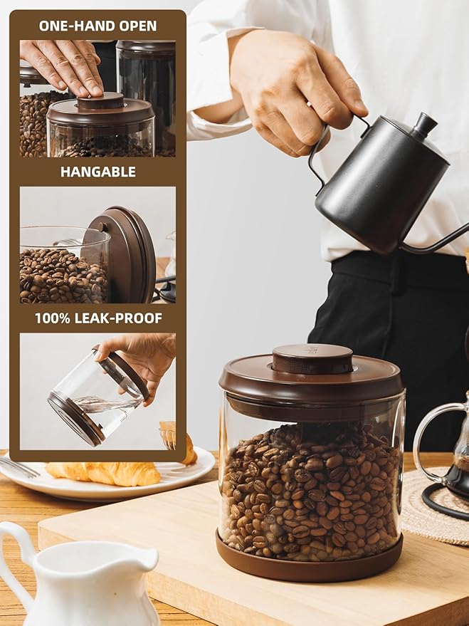 Coffee Canister, 2000ml Borosilicate Glass Airtight Coffee Containers for Ground Coffee with CO2-Release Valve - Large, 24 oz