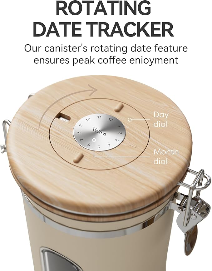 Veken Coffee Sugar Canister with Window, Coffee Lover Gift Set,Airtight Stainless Steel Kitchen Food Storage Container Gifts, Date Tracker & Scoop for Grounds Coffee,Beans,Tea,Flour,Cereal,22OZ,Cream
