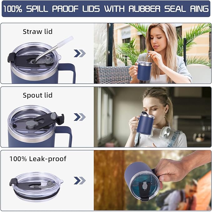 Volhoply 12oz Insulated Leakproof Coffee Mug with Flip & Straw Lid Bulk 8 Pack,Double Wall Vacuum Stainless Steel Travel Tumbler Cup with Handle,Reusable Camping Keep Cold/Hot(Navy,8 Set)