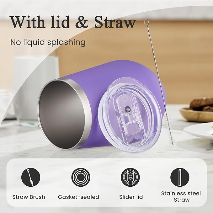 MEWAY Stainless Steel Wine Tumbler with Lid and Straw 12oz - Stemless Insulated Wine Cup Glass for Coffee,Cocktails,Drinks,Champagne, and Office Use, Ideal for Parties and Gifts(Purple,1)
