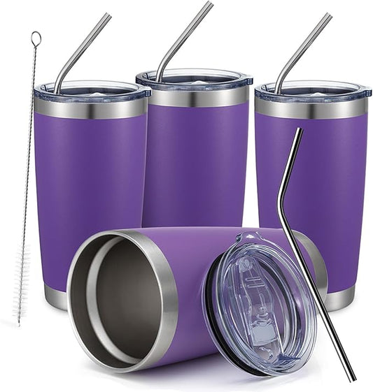 COMOOO 20oz Double Wall Vacuum Insulated Travel Mug, Stainless Steel Tumbler with Lid and Straw Durable Powder Coated Insulated Coffee Cup for Cold & Hot Drinks (Purple, 4 Pack)