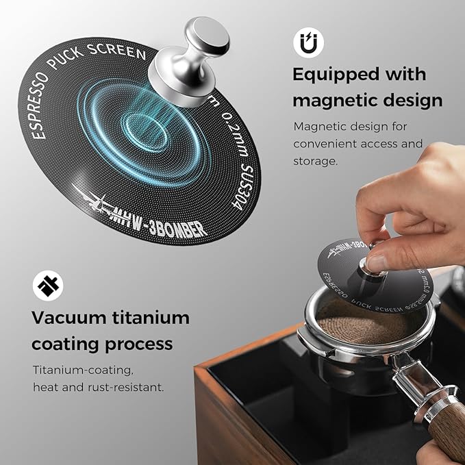 MHW-3BOMBER 51mm Espresso Puck Screen - 0.2mm Ultra Thin Espresso Puck - Metal Reusable Coffee Filter for Portafilter Basket 51mm - Puck Screen with Stand 3 Pack FG7050-OS