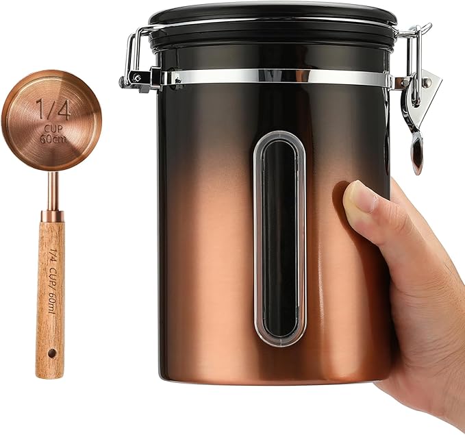 Coffee Canister, Airtight Coffee Container with Date Tracker Lid, Stainless Steel Canister for Kitchen Food Storage (Black-Copper, 22oz with 1/4 Cup)