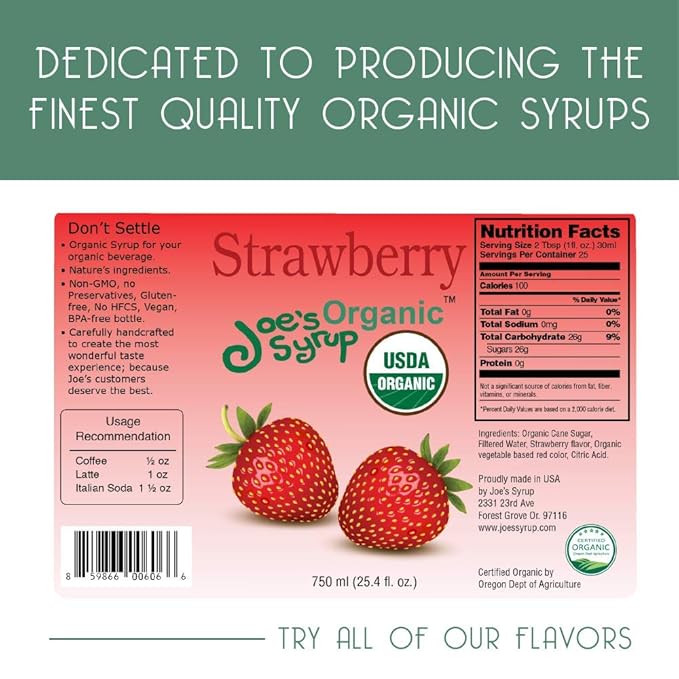 Joe’s Syrup Organic Flavored Syrup, Organic Strawberry, 750 ml (3 Pack)
