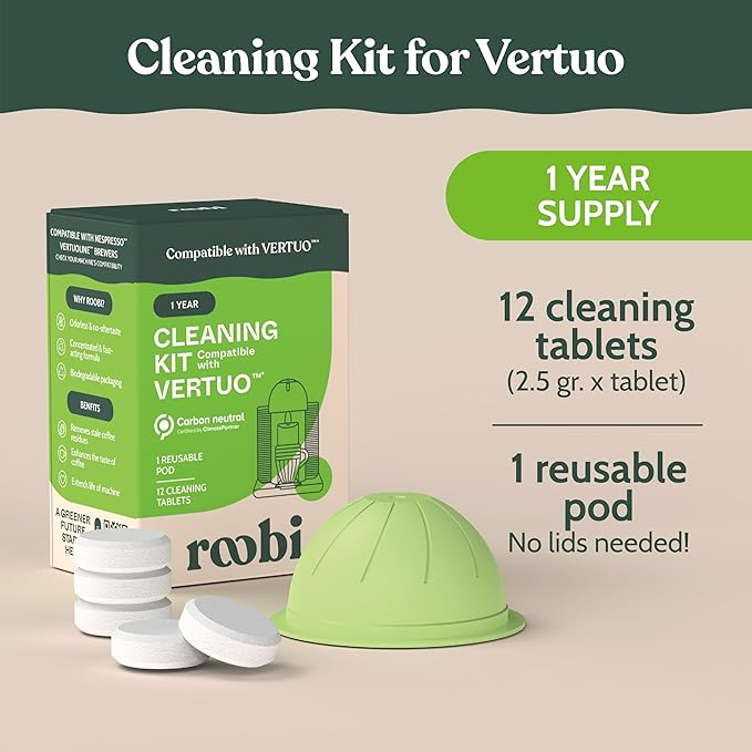 Roobi Cleaning Kit Compatible with Nespresso Vertuoline. Includes 1 Reusable Pod & 12 Cleaning Tablets. Carbon Neutral Vertuoline Cleaner Kit. 1 Year Supply.
