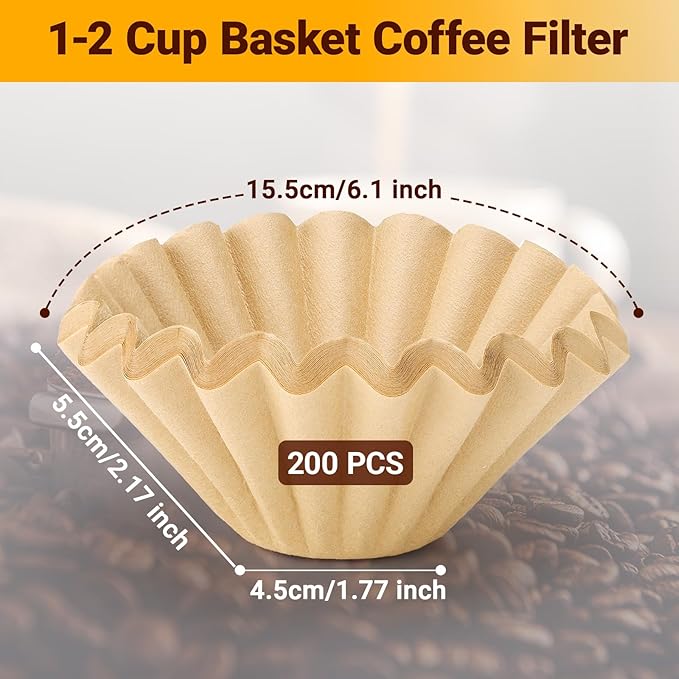 Segarty 200 Count Natural Unbleached Brown Coffee Filters Disposable, 1-2 Cup Small Paper-made Basket Filters, 6.1in Filters for Pour Over Maker Dripper, Suitable for Coffee Bar Home Office Cafeteria