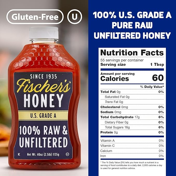 Fischer’s 100% Pure, Raw & Unfiltered Honey, 40 oz – USA Made Honey – All-Natural Sweetener – Rich Flavor Profile, Packed with Nutrients (Pack of 2)