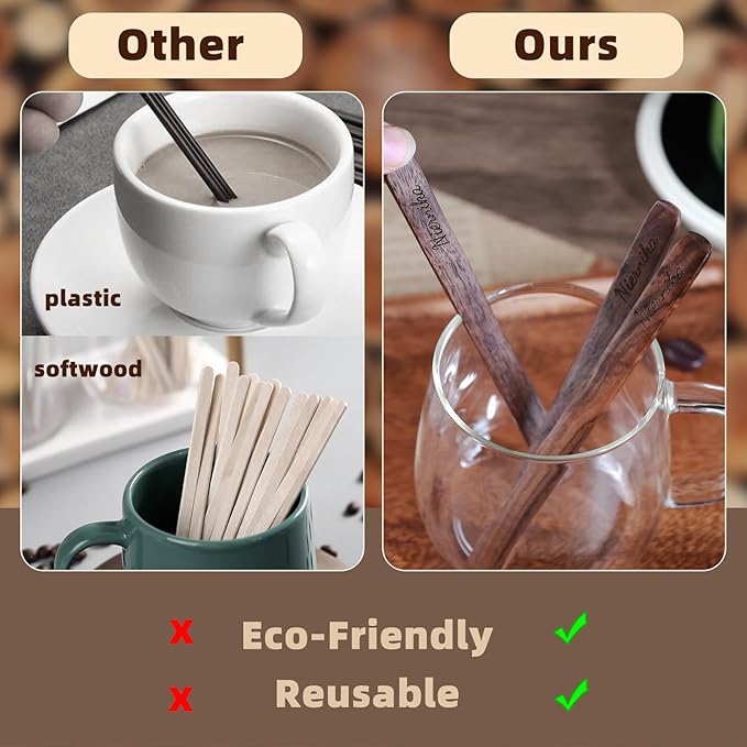 Solid Black Walnut Wood 3Pcs 6" Coffee Stirrers | Reusable & Multifunctional for Hot/Cold Beverages (Coffee, Milk, Oatmeal), Cooking & Crafts (jam, peanut butter Spreader, DIY Projects)