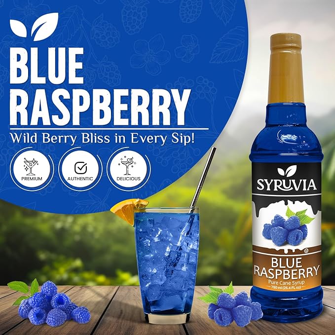 Syruvia Blue Raspberry Syrup, Flavored Syrup for Drinks, Cocktails, Lemonades, Iced Teas, and Desserts – 25.4 fl oz