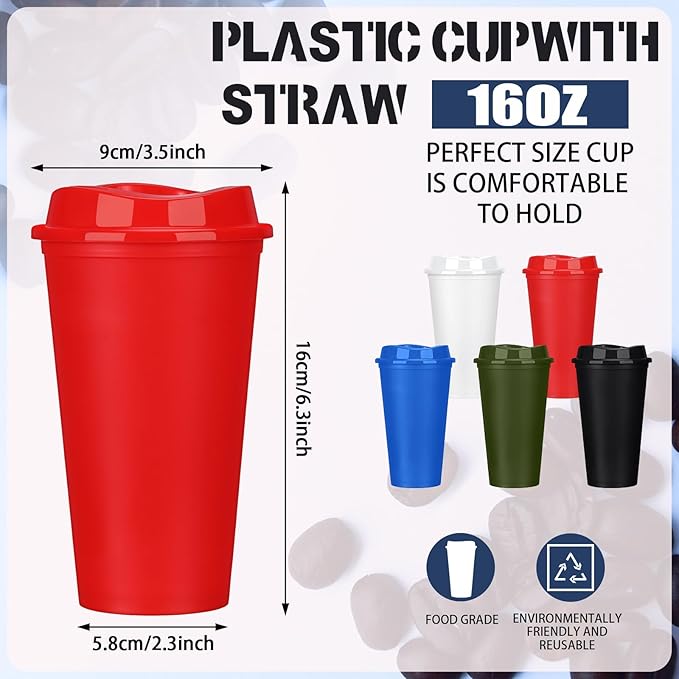 Domensi 15 Pack Reusable Coffee Cups with Lids 16 oz Disposable Travel Cups Bulk Plastic to Go Coffee Tumblers for DIY Hot Cold Drink Party Favors Coworker, Microwaveable (Classic Color)