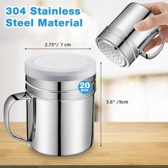 Lallisa 20 Pcs Stainless Steel Salt and Pepper Shakers with Lid and Handle Dredge Spice Seasoning Condiment Popcorn Salt Shaker Powder Sugar Flour for Cooking Kitchen Baking (10oz)