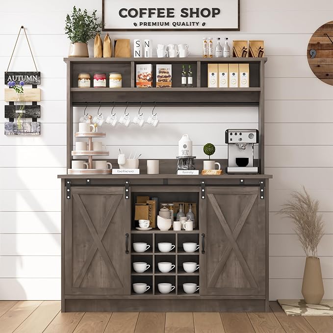 4ever2buy Farmhouse Coffee Bar Cabinet with 3 Storage Hutch, 47”Coffee Bar with Sliding Barn Doors, Hutch Cabinet with 6 Hooks & 9 Wine Racks for Dining Room, Kitchen, Wash Grey