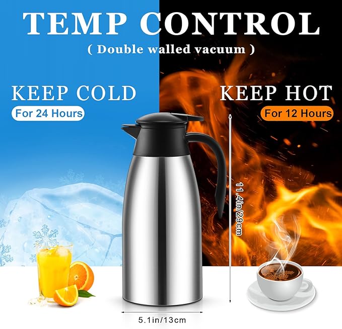 Norme 2 Pcs Thermal Coffee Carafe Insulated Stainless Steel Coffee Carafe for Hot Liquid Vacuum Thermal Pot Creamer Pitcher Dispenser with Brushes Keeping Hot Water Milk(Silver,68 oz)