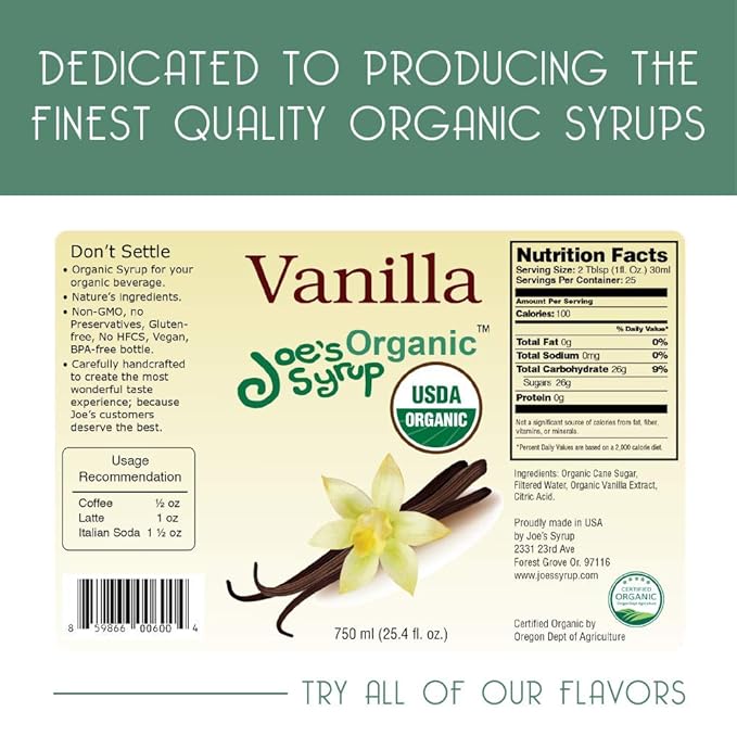 Joe’s Syrup Organic Flavored Syrup, Organic Vanilla, 750 ml