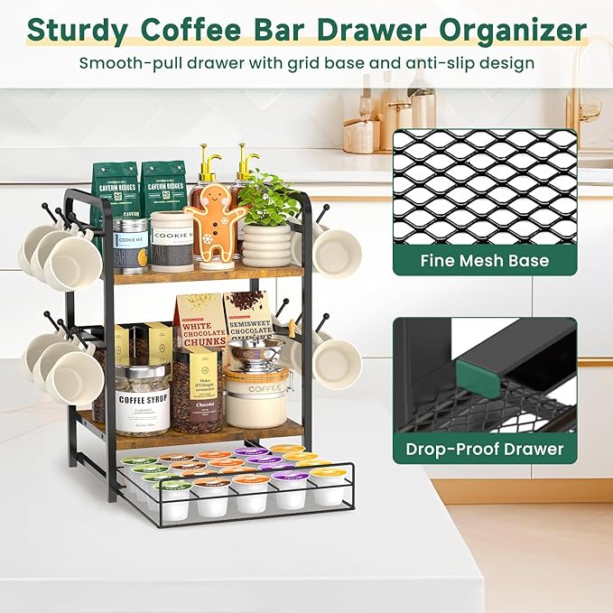 EsLuker.ly Coffee Bar Organizer Station Shelf Mug Holder for Countertop, 3 Tier Coffee Cup Stand Rack with 12 Hooks for Home Office, K Cup Pod Organizer Drawer, Keeps Essentials Tidy & Accessible