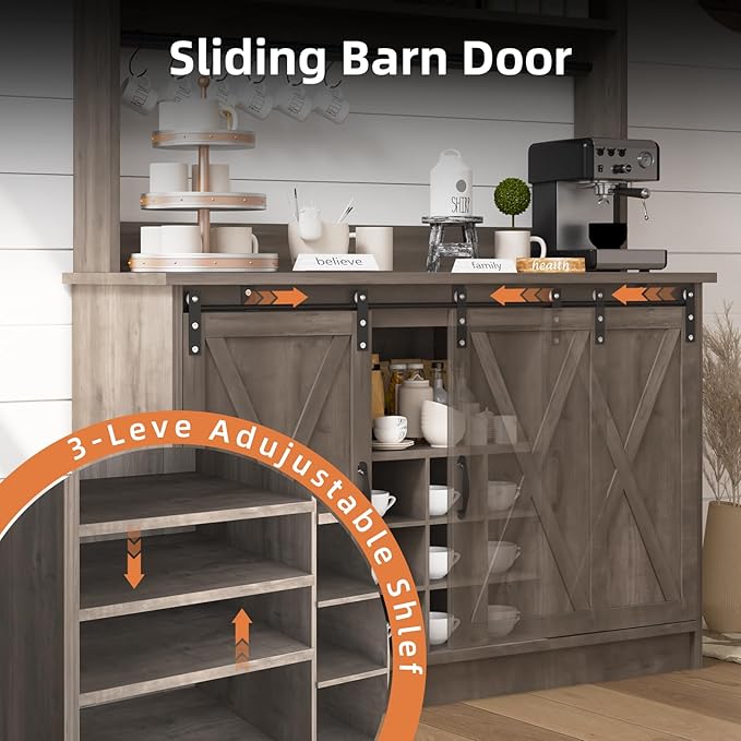4ever2buy Farmhouse Coffee Bar Cabinet with 3 Storage Hutch, 47”Coffee Bar with Sliding Barn Doors, Hutch Cabinet with 6 Hooks & 9 Wine Racks for Dining Room, Kitchen, Wash Grey