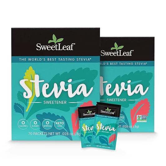 SweetLeaf Stevia Packets - Zero Calorie Natural Stevia Powder, No Bitter Aftertaste, Sugar Substitute for Keto Coffee, Nothing Artificial, Non-GMO Stevia Sweetener Packets, 70 Count (Pack of 2)