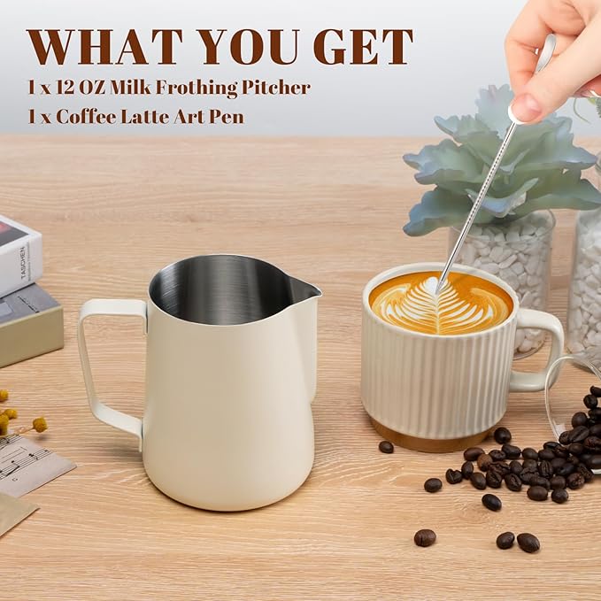 Milk Frothing Pitcher, 12oz Milk Frother Cup with Clear Scale, 304 Stainless Steel Cappuccino Espresso Machine Accessories for Barista Coffee Bar with Latte Art Pen, White