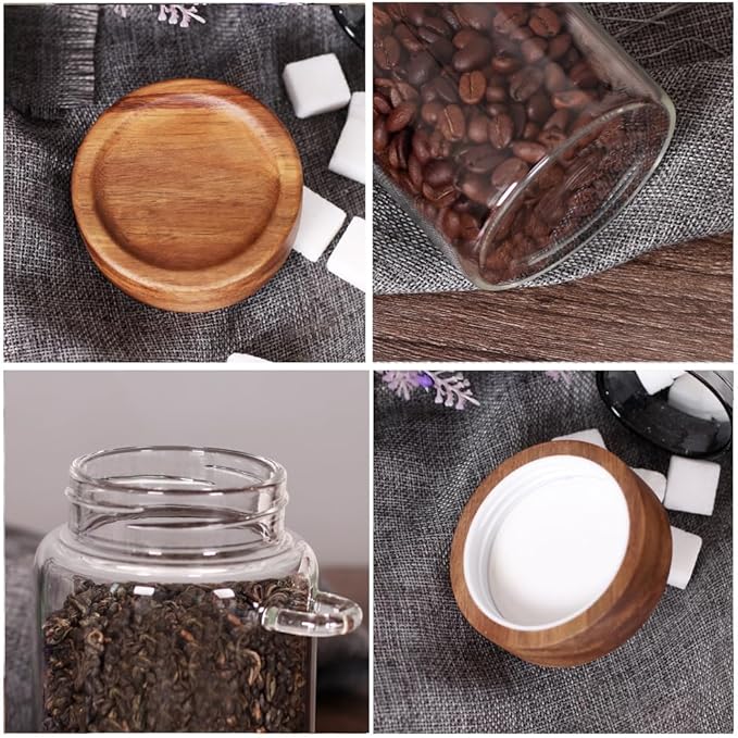 SAIOOL Loose Leaf Tea Storage Canister Set, 4 Pieces 16 OZ Glass Tea Containers with Wooden Lids and Spoons for Loose Tea, Coffee, Sugar, Oatmeal, Herbs (Tea Canisters)