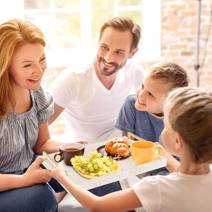 Ivory Shagreen Decorative Tray Large Rectangle Coffee Table Tray for Ottoman Faux Leather Serving Tray with Brushed Gold Handles