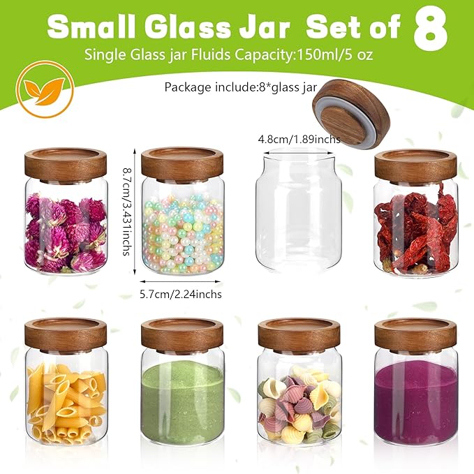 Glass Spice Jar Coffee Sugar Container Airtight Glass Jar Food Storage Canisters Bottle for Kitchen Seasoning Tea Herb Overnight Oats Bar Parfait Snacks (8 * 150ml(5oz))