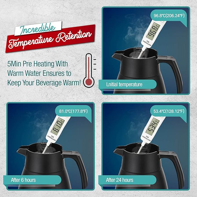 SINCE 1997 MR.CHEF 51Oz Thermal Coffee Carafe, Insulated Stainless Steel Coffee Carafes for Keeping Hot/Double Walled Vacuum Coffee Carafe (Black, 1.5L)