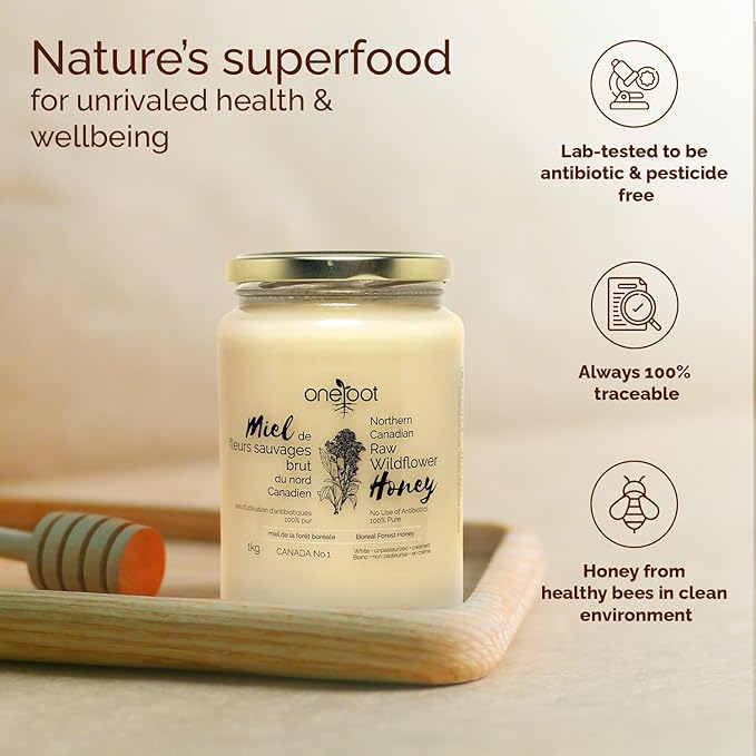 Oneroot 100% Canadian Wildflower Honey - 1kg / 2.2lbs, Unheated & Creamed - Nutrient-Rich, Natural Sweetener with Enzymes - Thick & Pure Raw Unfiltered Honey