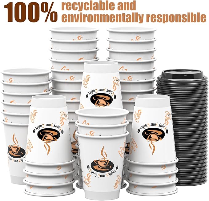 Qunclay 100 Pack 12 oz Double Wall Disposable Paper Coffee Cups with Lids, Insulated To Go Coffee Cup, Hot Drinking Cups for Daily use