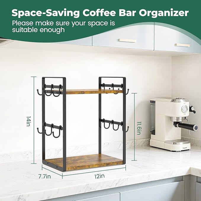 EsLuker.ly 2 Tier Coffee Mug Holder Station Bar Organize Countertop, Mug Cup Tree Rack for Kitchen Office, Storage Shelf with 12 Removable Hooks, Creat Stylish Coffee Corner