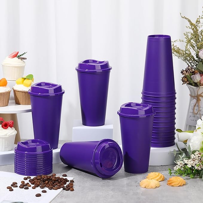 Domensi 15 Pack Reusable Coffee Cups with Lids 16 oz Disposable Travel Cups Bulk Plastic to Go Coffee Tumblers for DIY Hot Cold Drink Party Favors Coworker, Microwaveable (Purple)