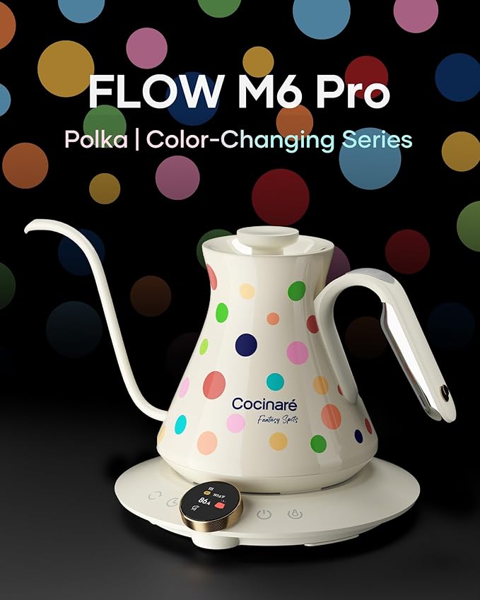Cocinare FLOW M6 Pro Electric Gooseneck Kettle with Color-Changing Design, ±0.5℉ Temperature Control for Pour-over Coffee & Tea, Stainless Steel Interior, Quick Heating for Boiling Water (Polka)