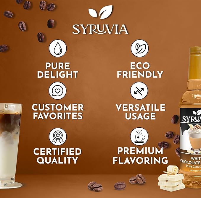 Syruvia White Chocolate Mocha Coffee Syrup - 25.4 fl oz -No Coloring, Perfect for Drinks, Soda, Shakes, Desserts, and More With Pump
