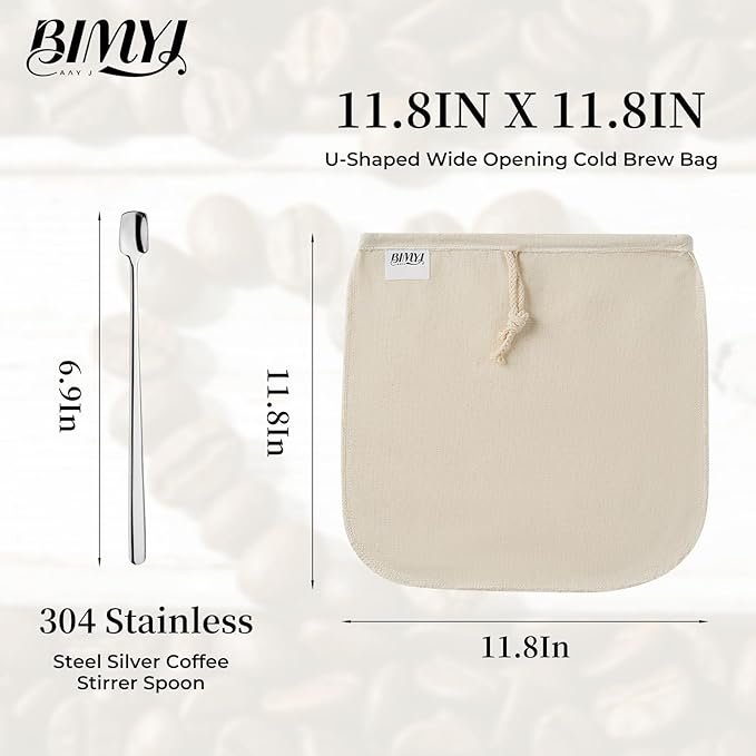 Reusable Cold Brew Bags & Cold Brew Coffee Bags Reusable - for Toddy Systems |11.8 inch Large 100% Natural Organic Cotton Cold Brew Filter Bags 2-Pack + 2 Bonus 304 Silver Spoons