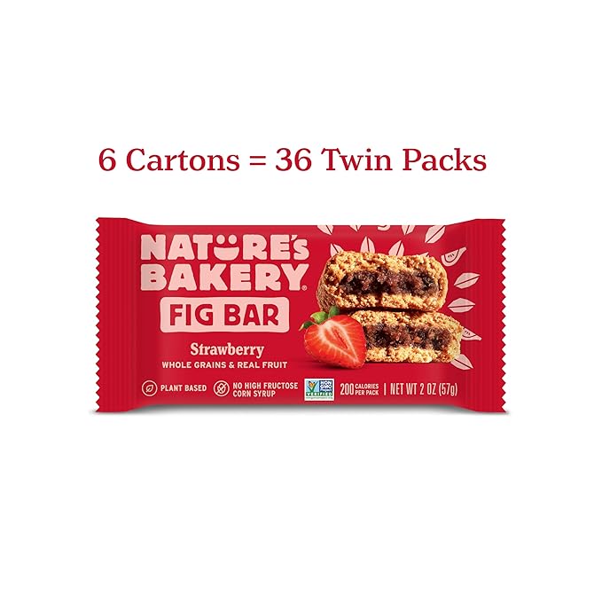 Nature's Bakery Whole Wheat Fig Bars, Strawberry, Real Fruit, Vegan, Non-GMO, Snack bar, 6 boxes with 6 twin packs (36 twin packs)