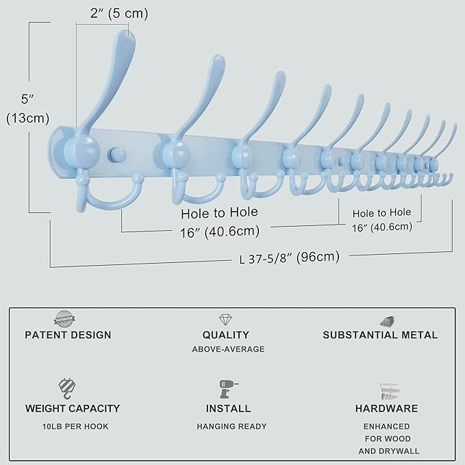Dseap Coat Rack Wall Mount - 38” Long 10-Tri-Hooks Heavy Duty Coat Hanger Rail Wall Hooks for Hanging Coats Hats Clothing Clothes Purse Mudroom Entryway, Blue, Pack of 2