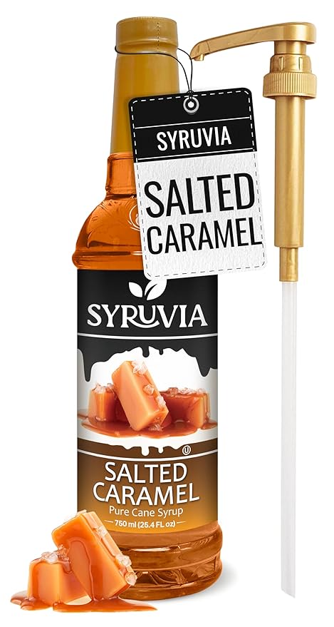 Syruvia Coffee Syrup, Salted Caramel Flavored Syrup for Drinks, Lattes, and Desserts – 25.4 fl oz, With Pump