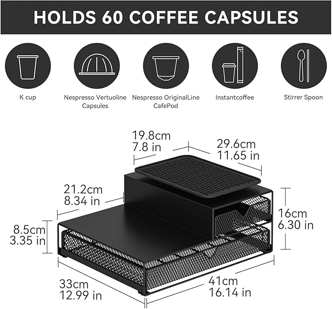 Coffee Maker Countertop Organizer,K Cup Pod Drawers,60 Coffee Capsule Pod Holder,Integrated Design Requires No Assembly.Slidng Storage Pod Baskets,Pod Stands,Silicone Drink Coasters