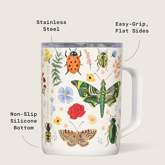 Corkcicle x Rifle Paper Co. Triple Insulated Coffee Mug with Lid & Handle - Keeps Beverages Hot for 3+ Hours - Gift for Mom - Great for Mother's Day or Christmas - 16 oz - Curio Cream
