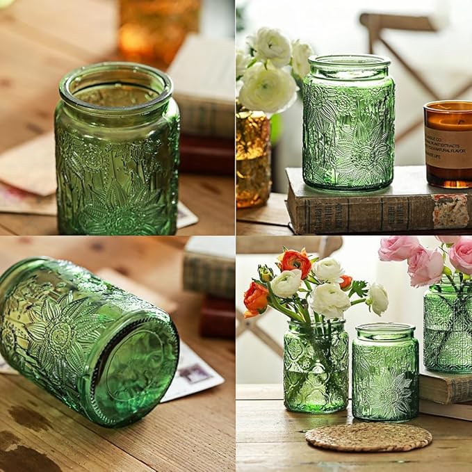 Set of 2 Vintage Glass Jars, Green Glass Storage Jars with Lids (23.7 oz) for Kitchen, Pantry, Candy, Flour, Oatmeal, Coffee Beans, Pet Food, Laundry Detergent, Cute Jar (Green&Blue 2, 23.7 Ounces)